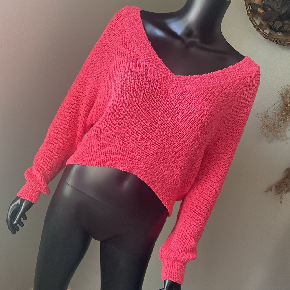 Altar'd State Vibrant Barbie Pink V-Neck Sweater